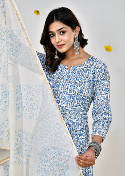 Devina White & Blue Cotton Chanderi Dupatta Dress