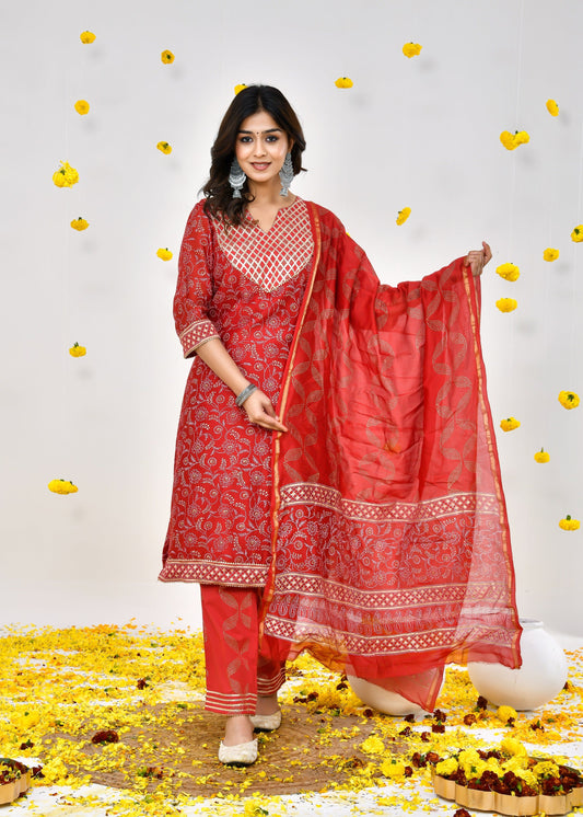 Elisa Red Chanderi Silk Suit Dress