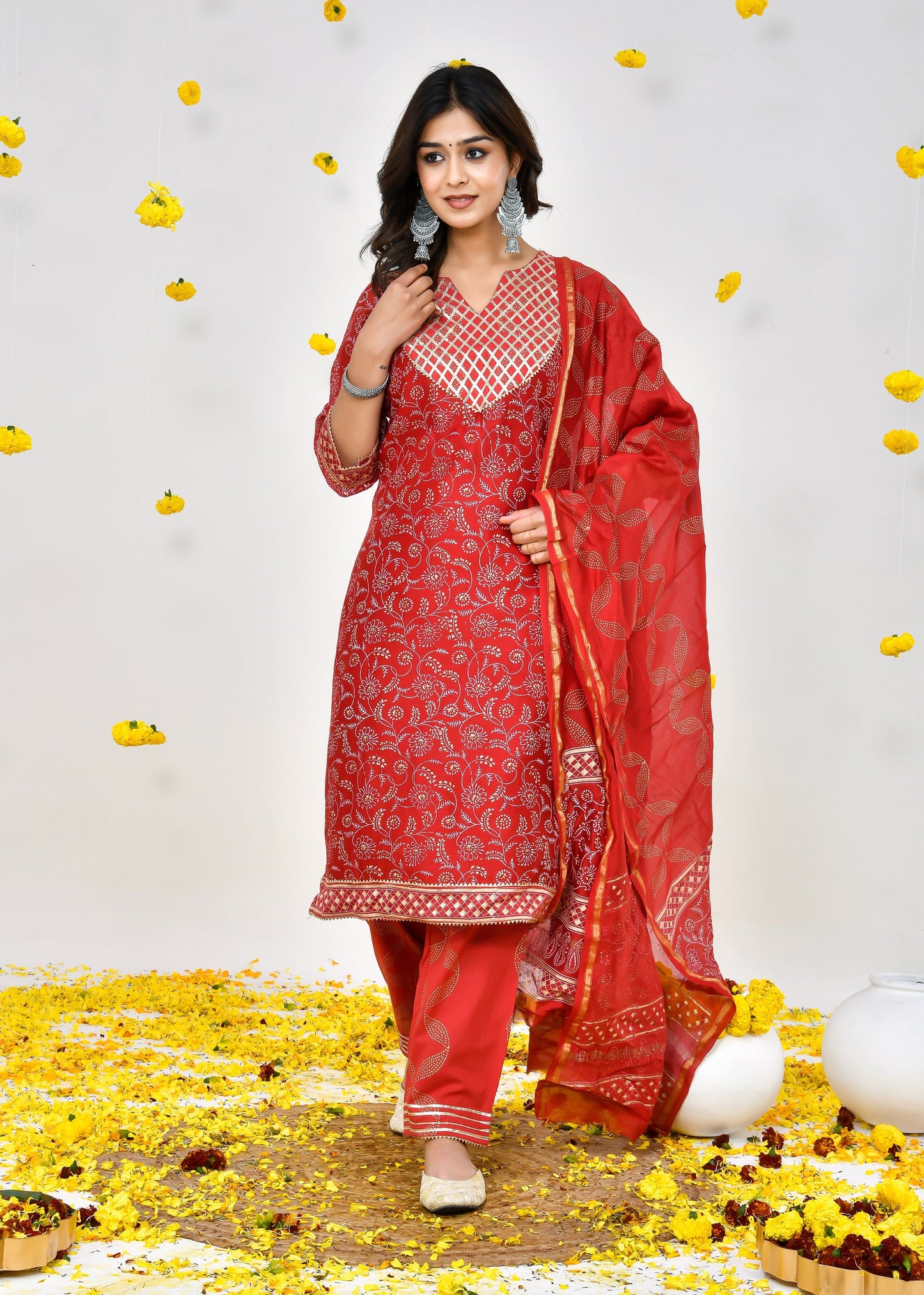 Elisa Red Chanderi Silk Suit Dress