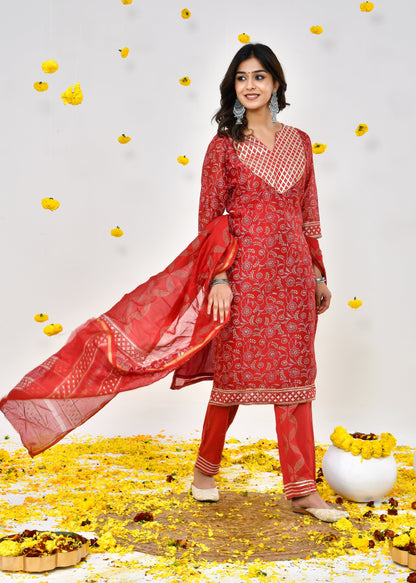 Elisa Red Chanderi Silk Suit Dress