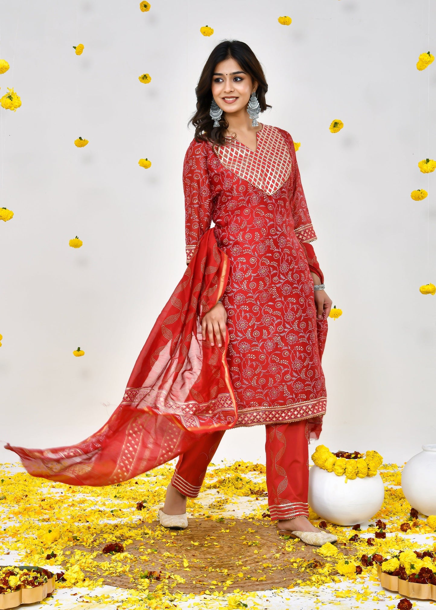 Elisa Red Chanderi Silk Suit Dress