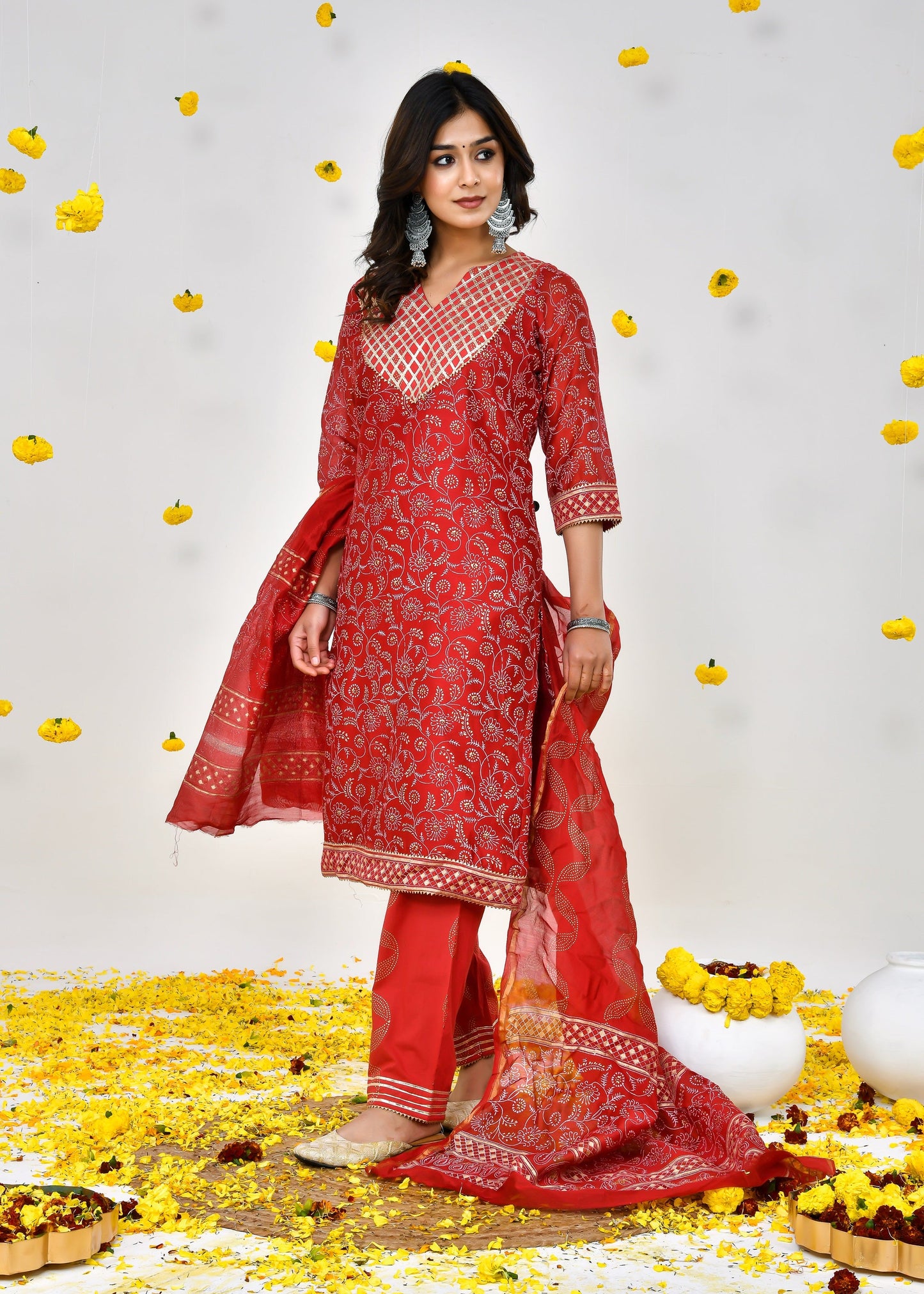 Elisa Red Chanderi Silk Suit Dress