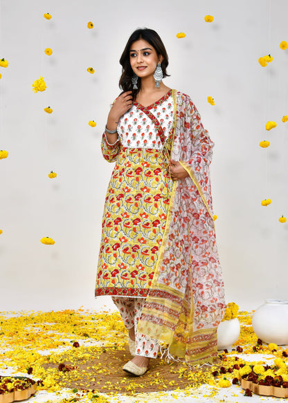 Inaya Mustered Yellow Kota Doriya Dupatta Dress