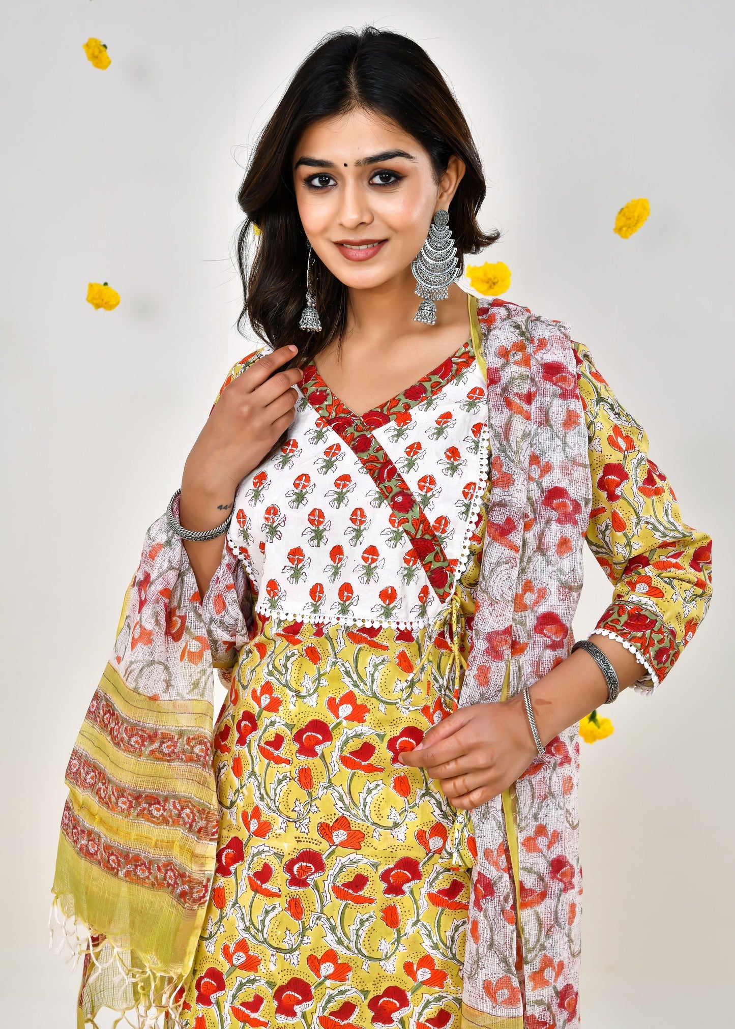 Inaya Mustered Yellow Kota Doriya Dupatta Dress