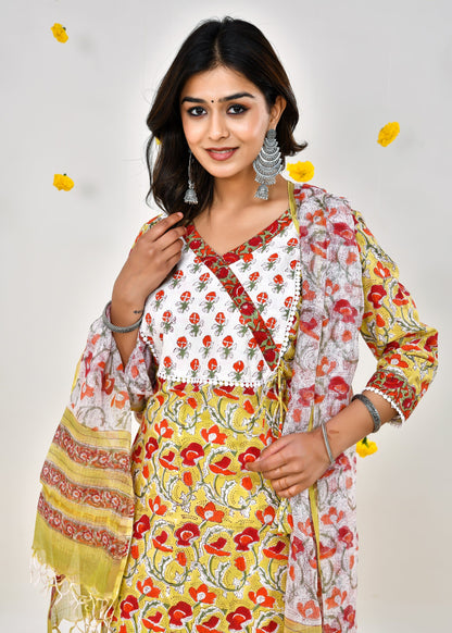 Inaya Mustered Yellow Kota Doriya Dupatta Dress