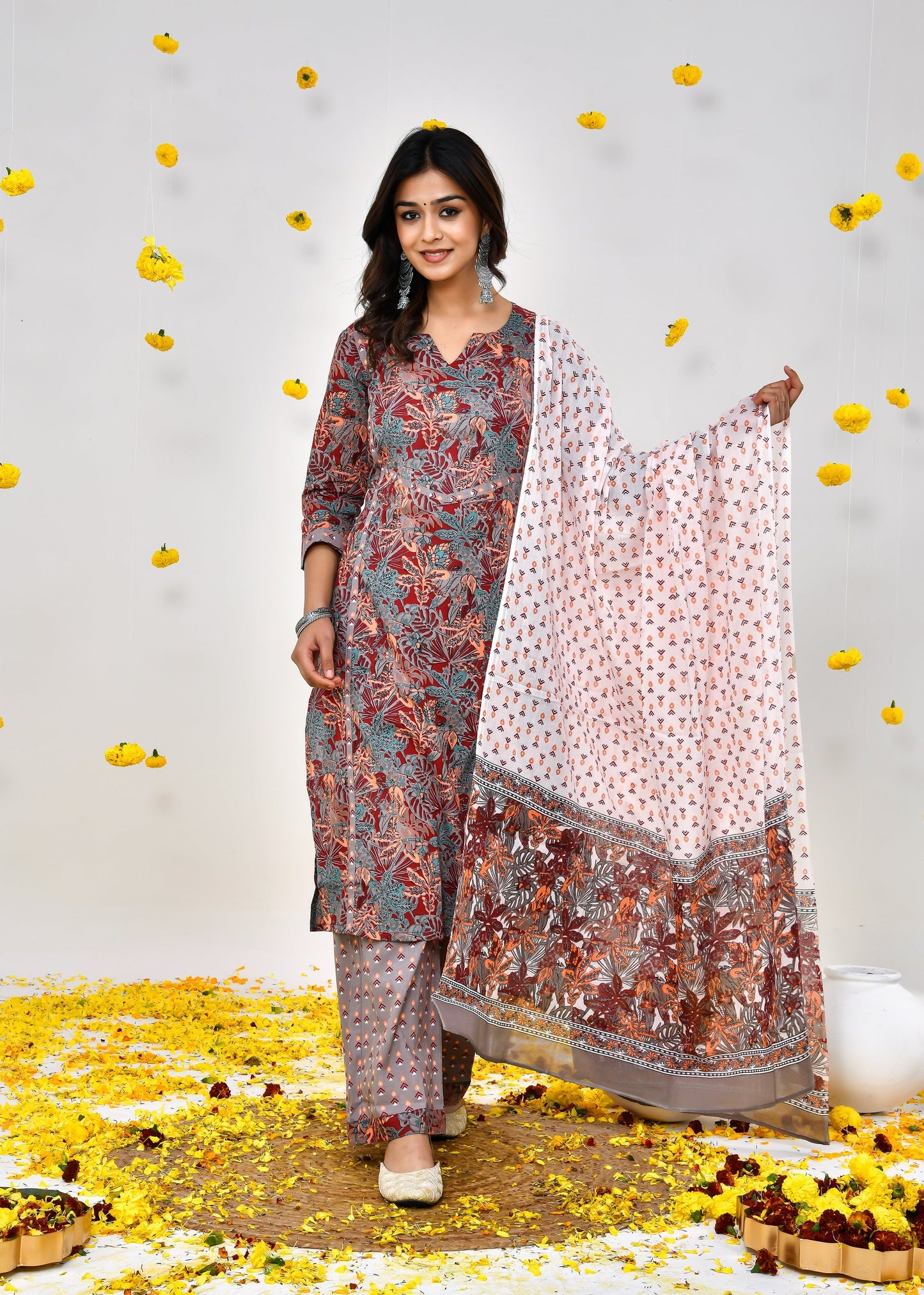 Arina Umber Brown Cotton Dupatta Dress