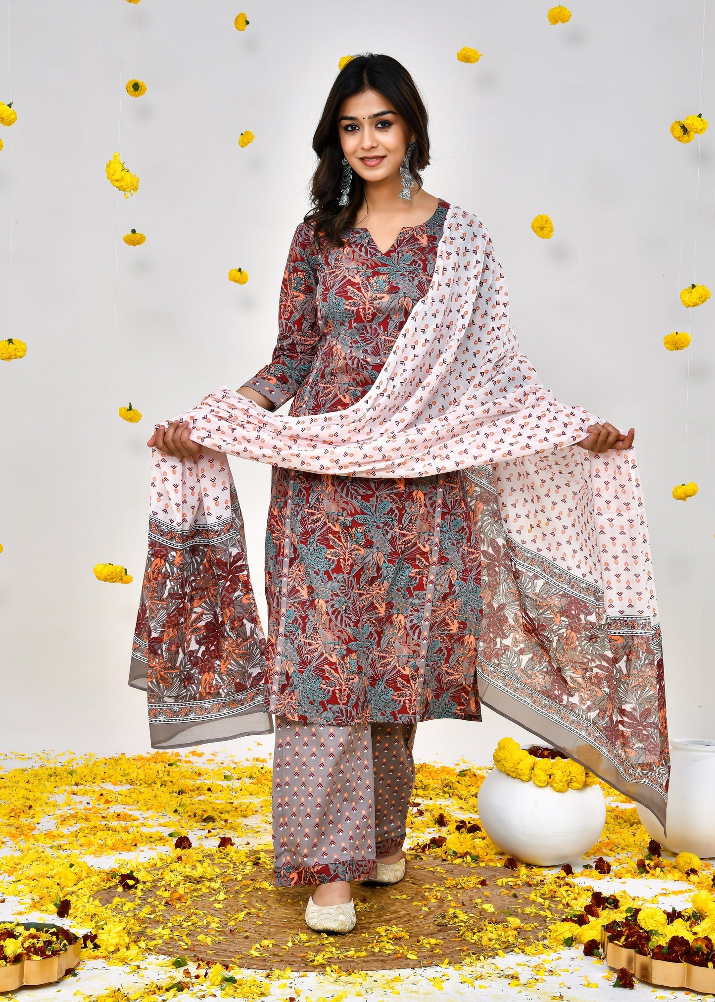 Arina Umber Brown Cotton Dupatta Dress