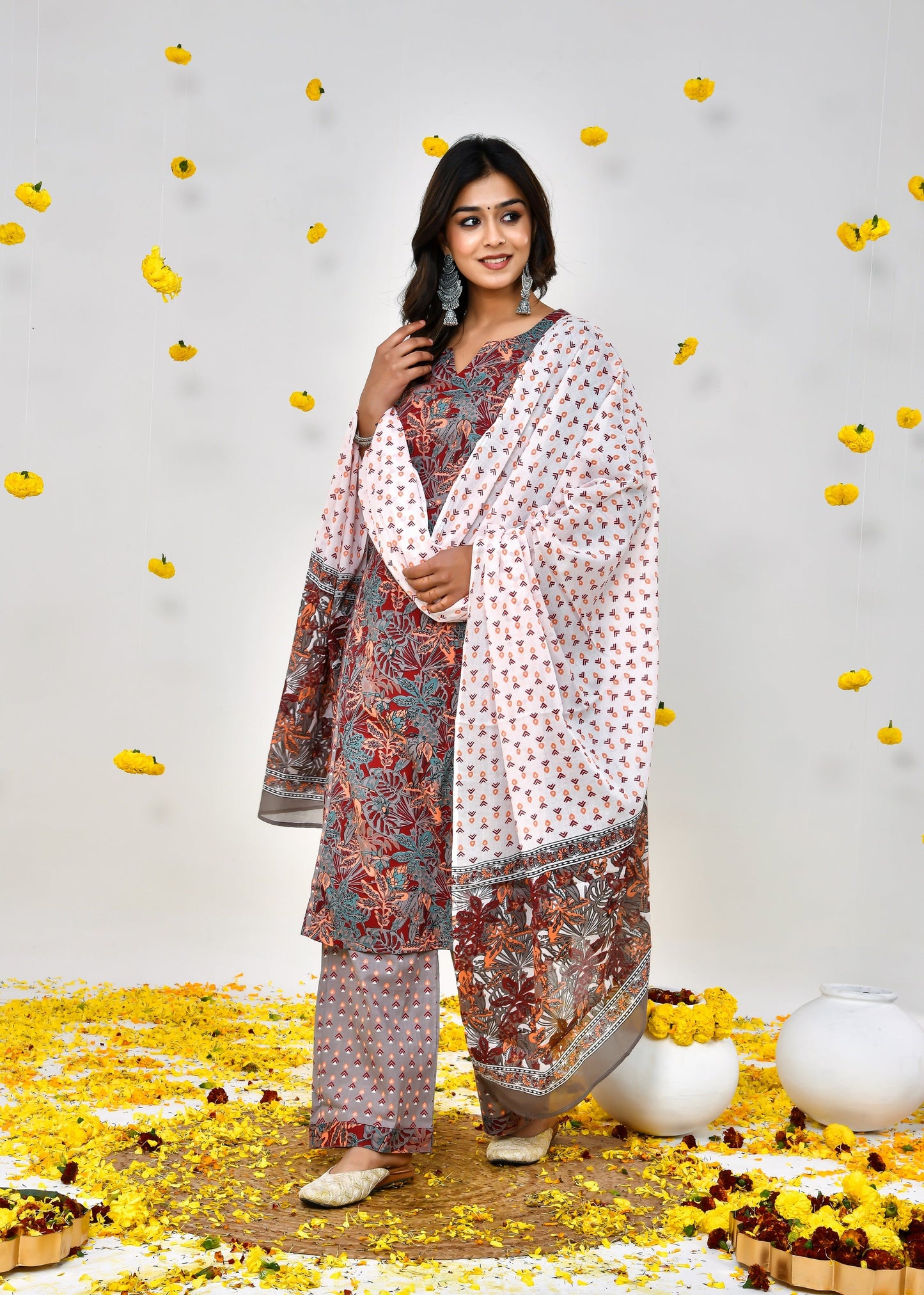 Arina Umber Brown Cotton Dupatta Dress