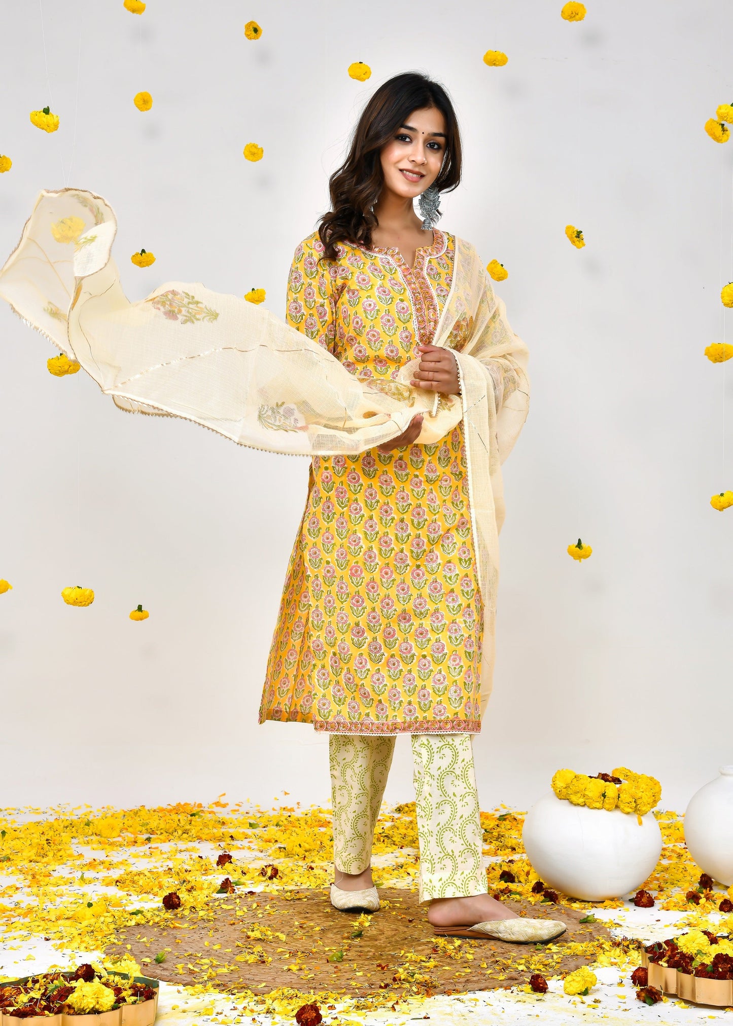 Sakhi Yellow Kota Doriya Dupatta Dress