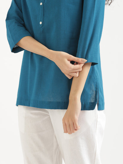 TEAL BLUE AIRY LINEN SHORT KURTA