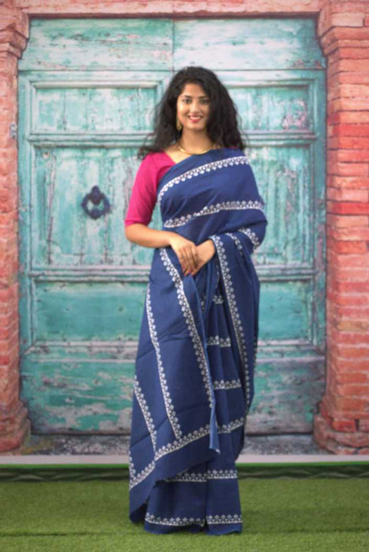 Printed Blue Dabu Print Cotton MulMul Saree