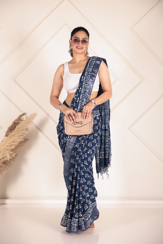 Premium Blue Indigo Cotton Linen Saree