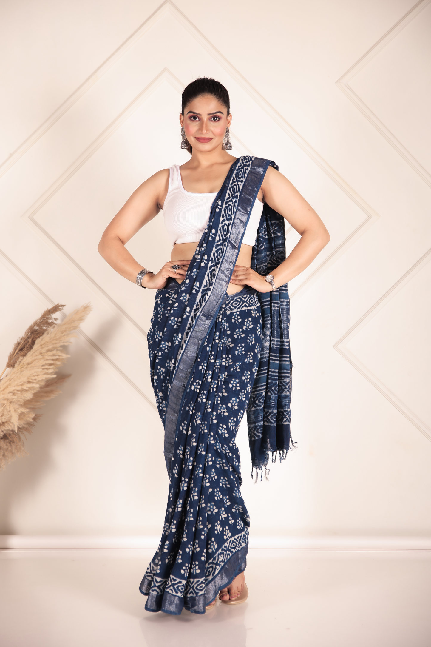 Premium Blue Indigo Cotton Linen Saree