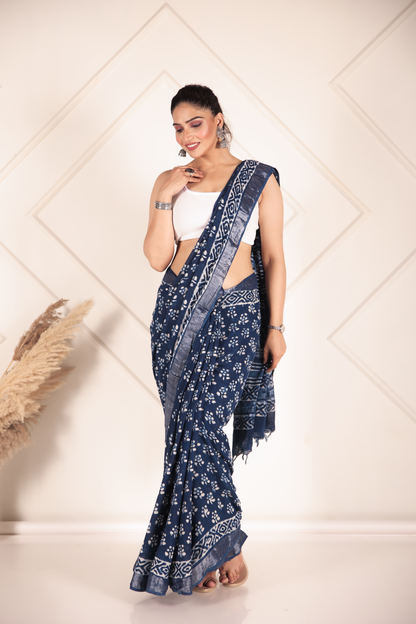 Premium Blue Indigo Cotton Linen Saree