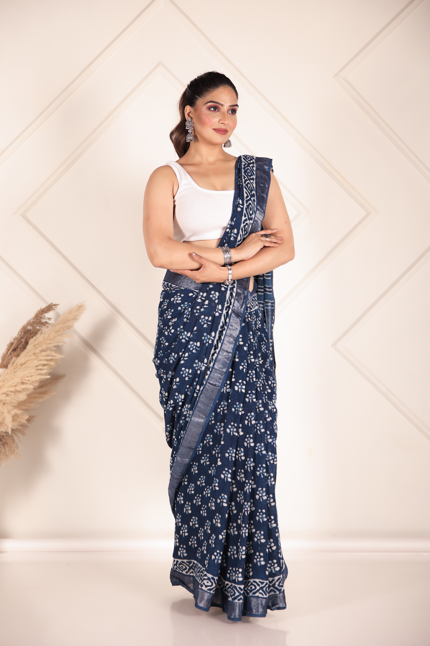 Premium Blue Indigo Cotton Linen Saree