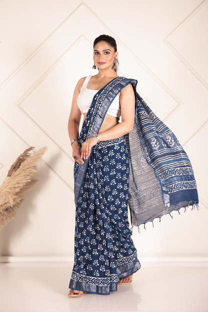 Premium Blue Indigo Cotton Linen Saree