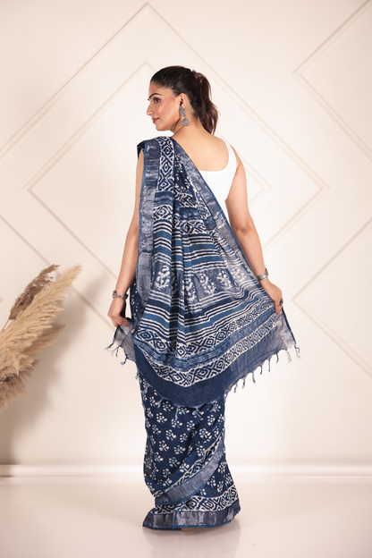 Premium Blue Indigo Cotton Linen Saree