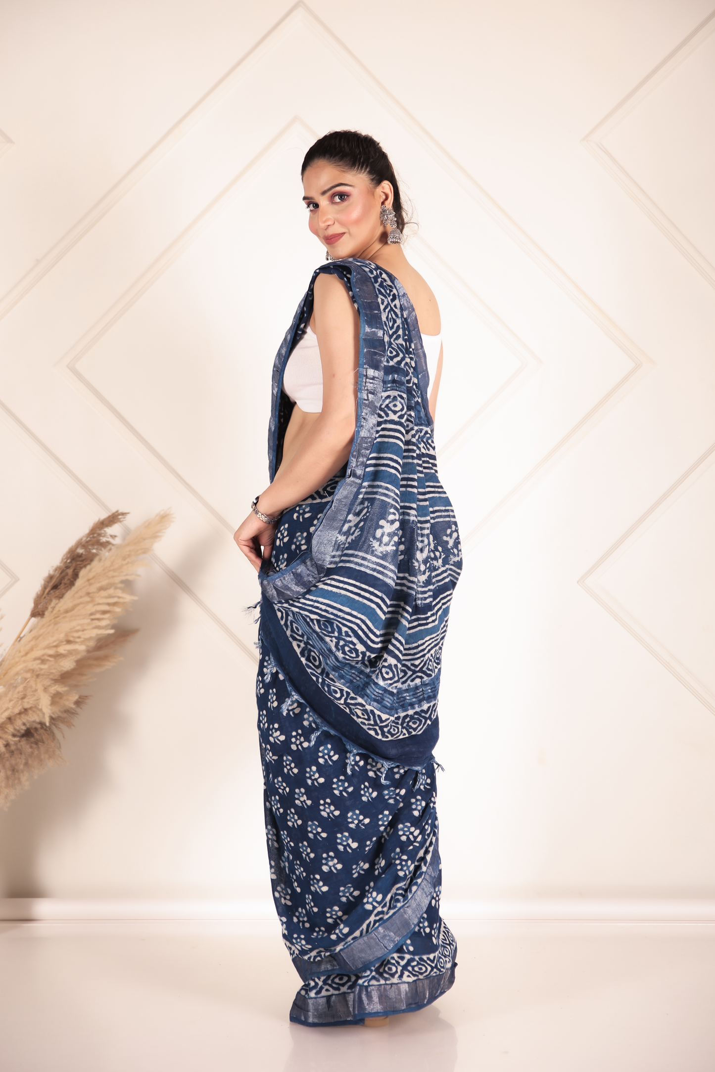 Premium Blue Indigo Cotton Linen Saree