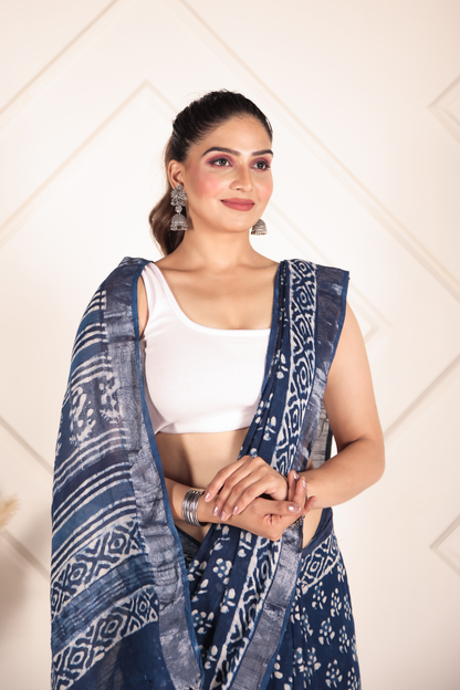 Premium Blue Indigo Cotton Linen Saree