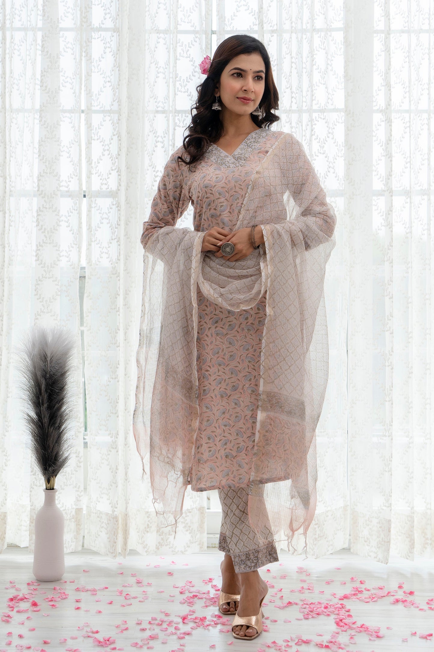 Aaliya Cream Kota Doriya Dupatta Dress