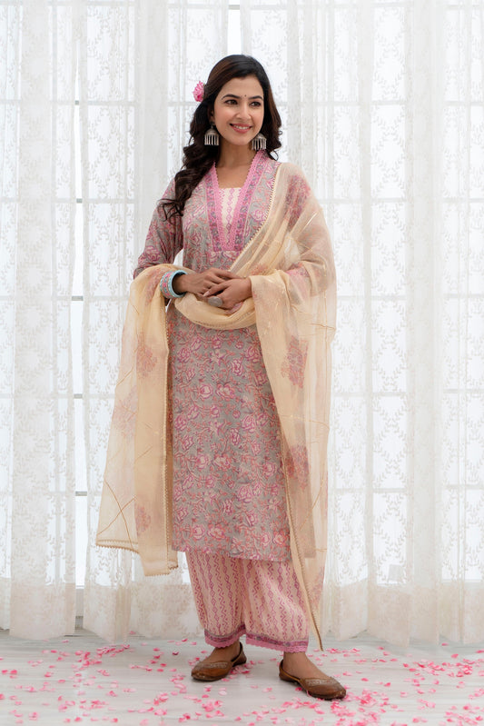 Edhitha Grey Kota Doriya Dupatta Dress