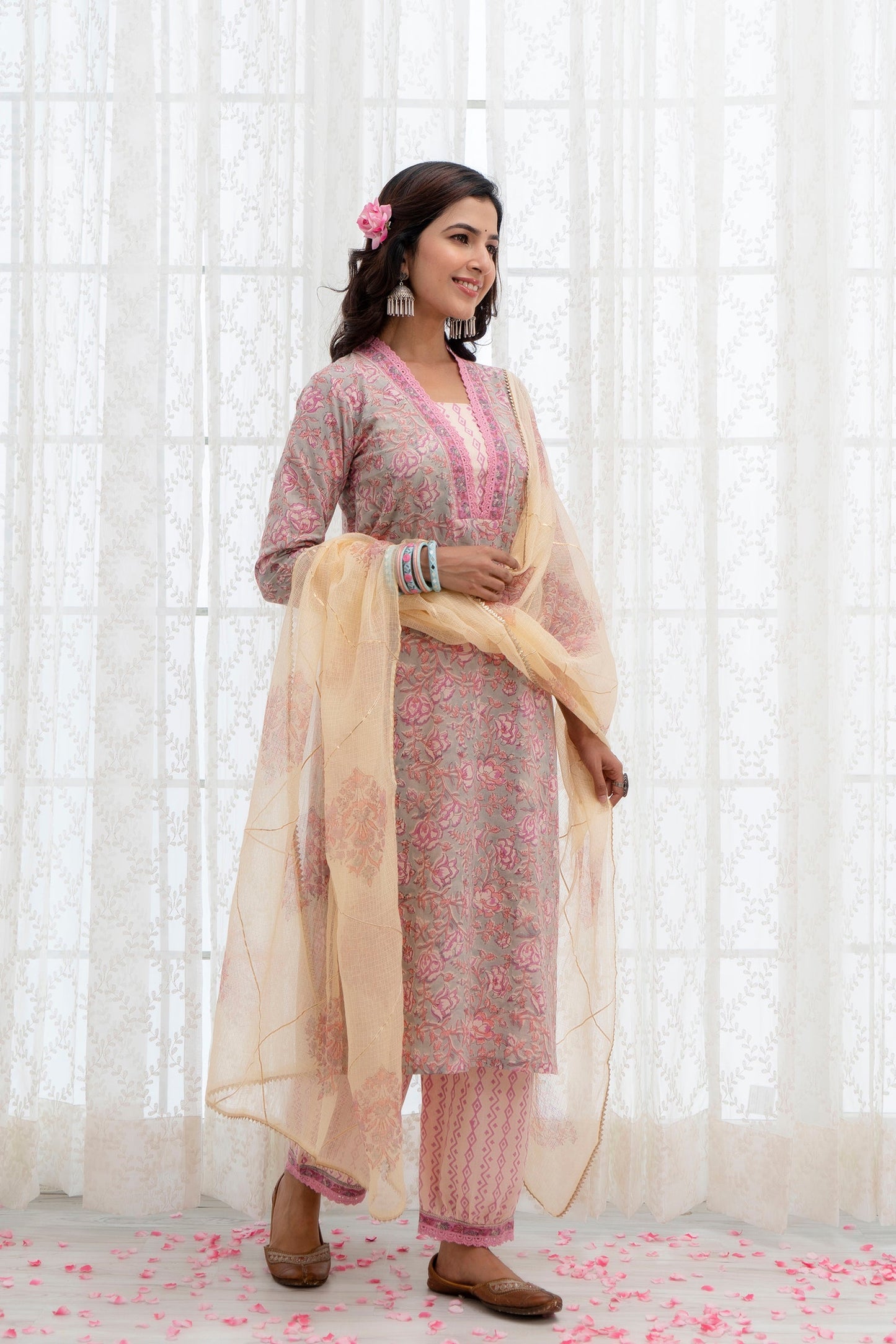 Edhitha Grey Kota Doriya Dupatta Dress