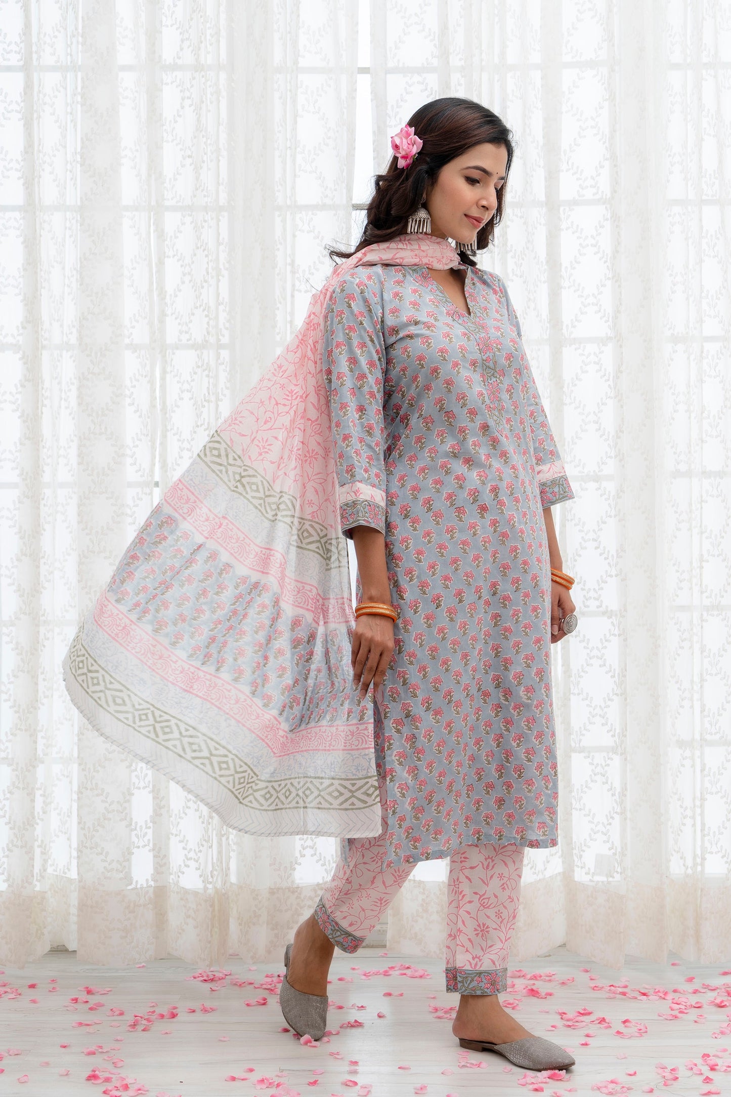 Zoya Grey Cotton Dupatta Dress