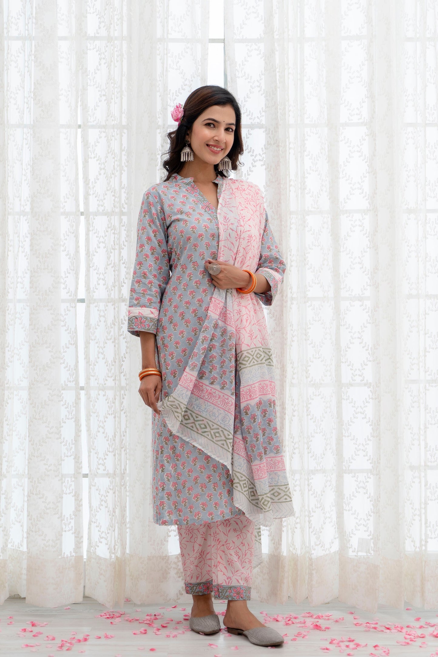 Zoya Grey Cotton Dupatta Dress