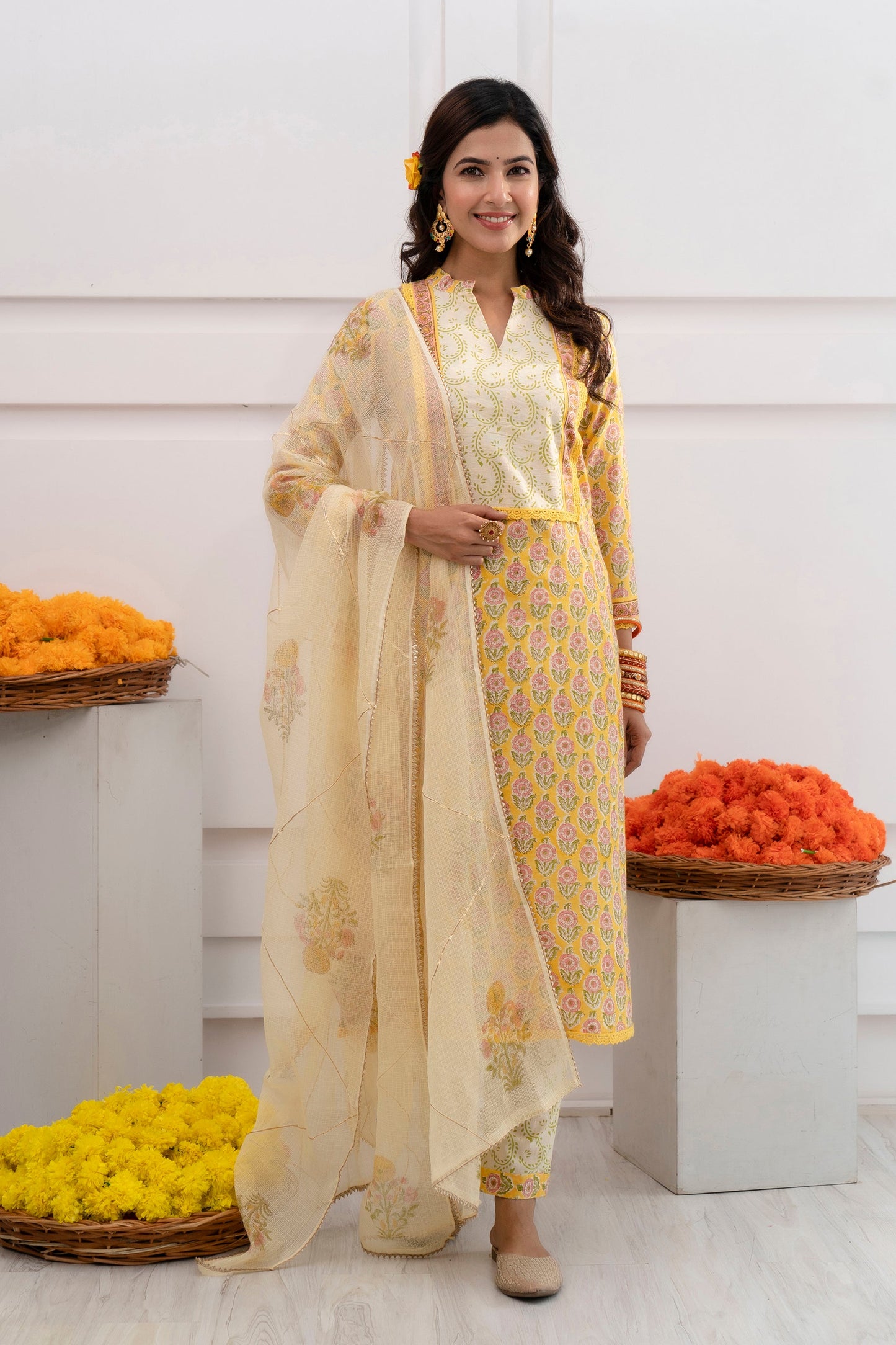 Advika Yellow Kota Doriya Dupatta Dress