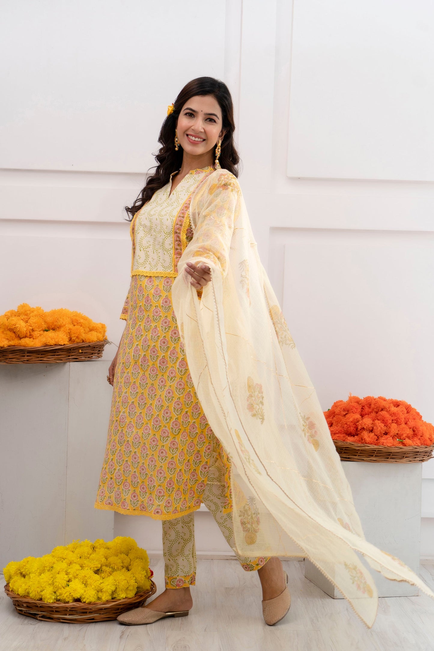 Advika Yellow Kota Doriya Dupatta Dress