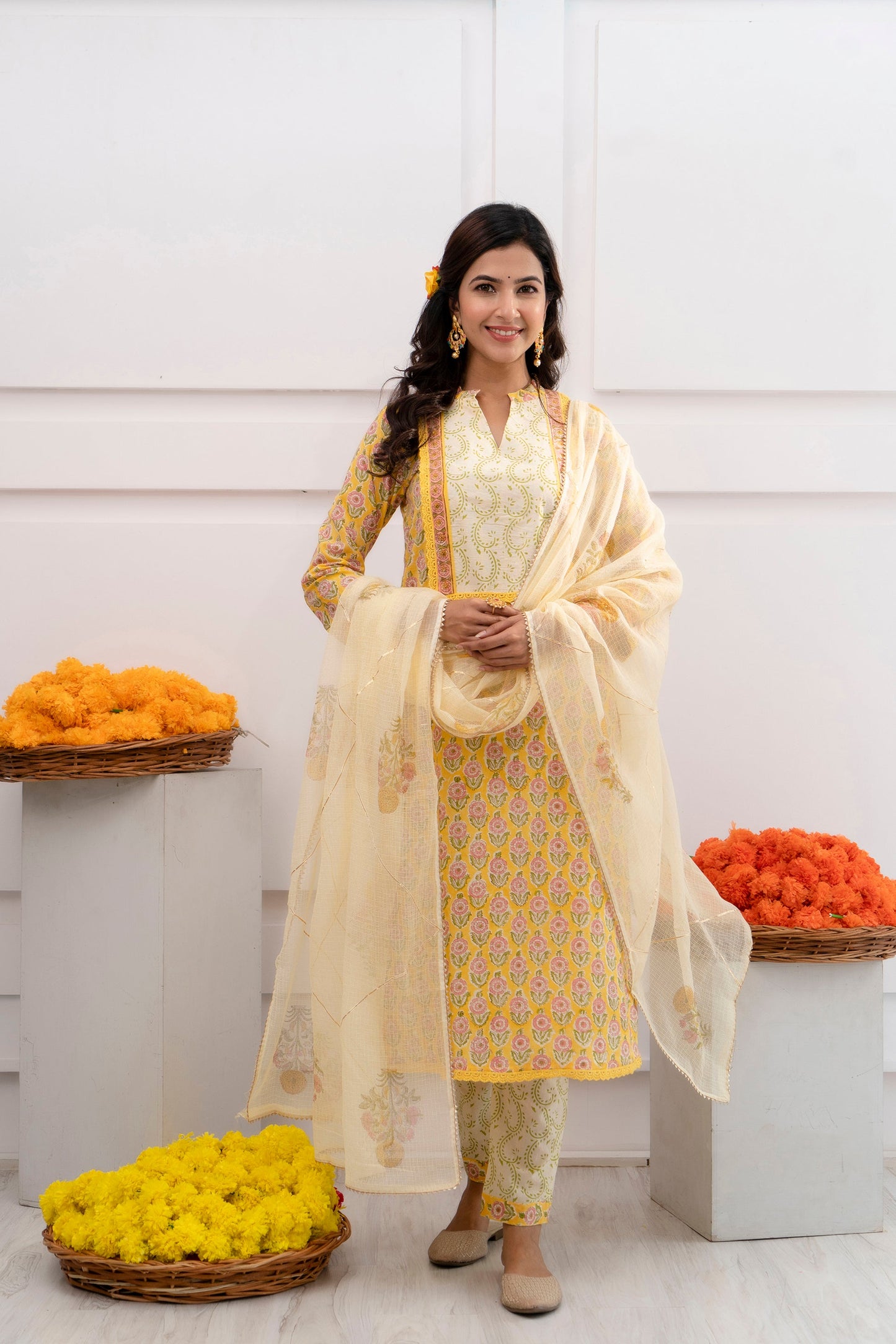 Advika Yellow Kota Doriya Dupatta Dress