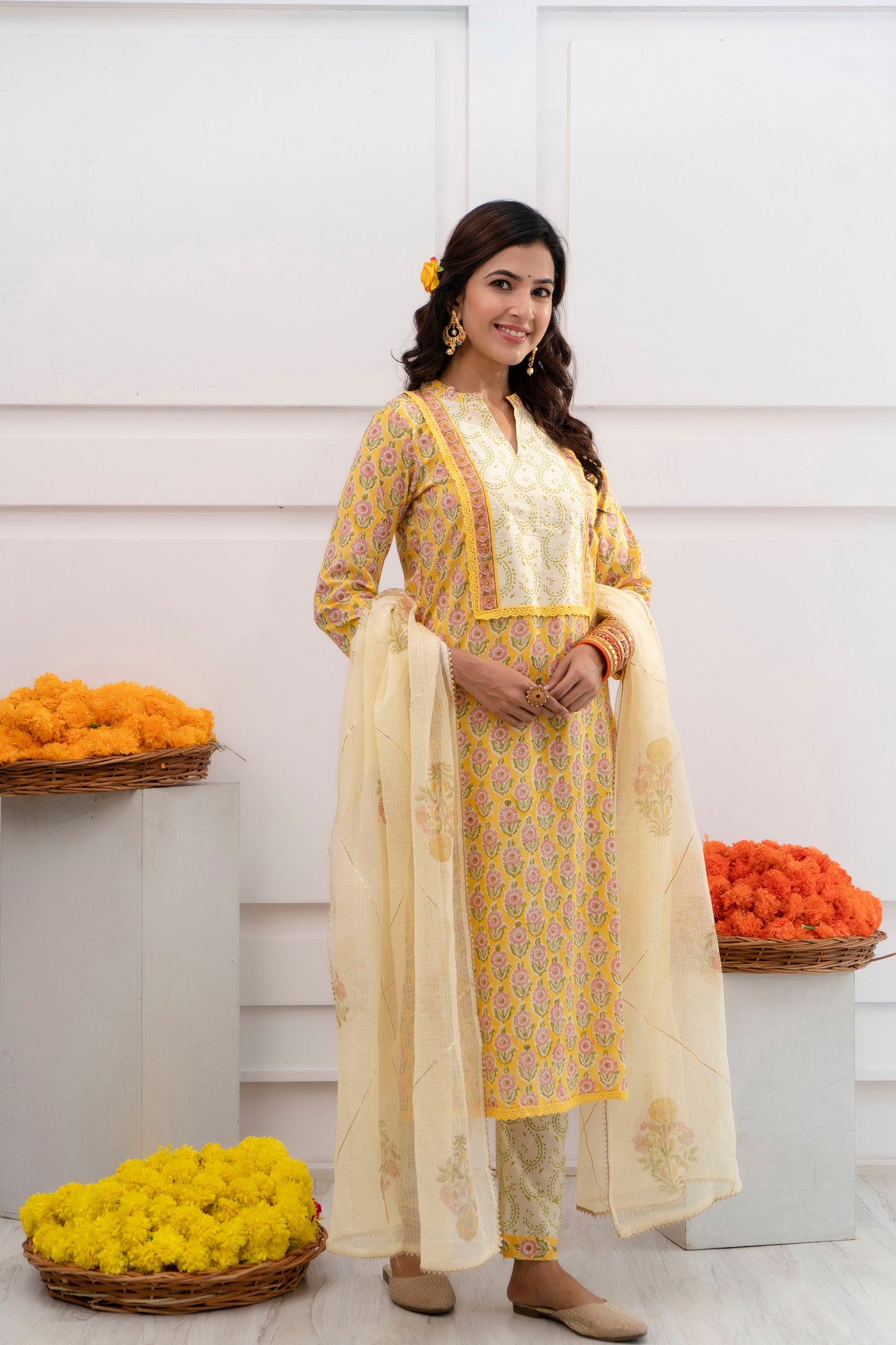 Advika Yellow Kota Doriya Dupatta Dress