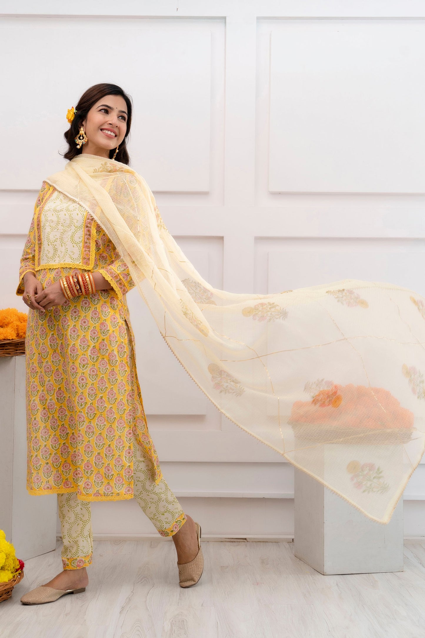 Advika Yellow Kota Doriya Dupatta Dress