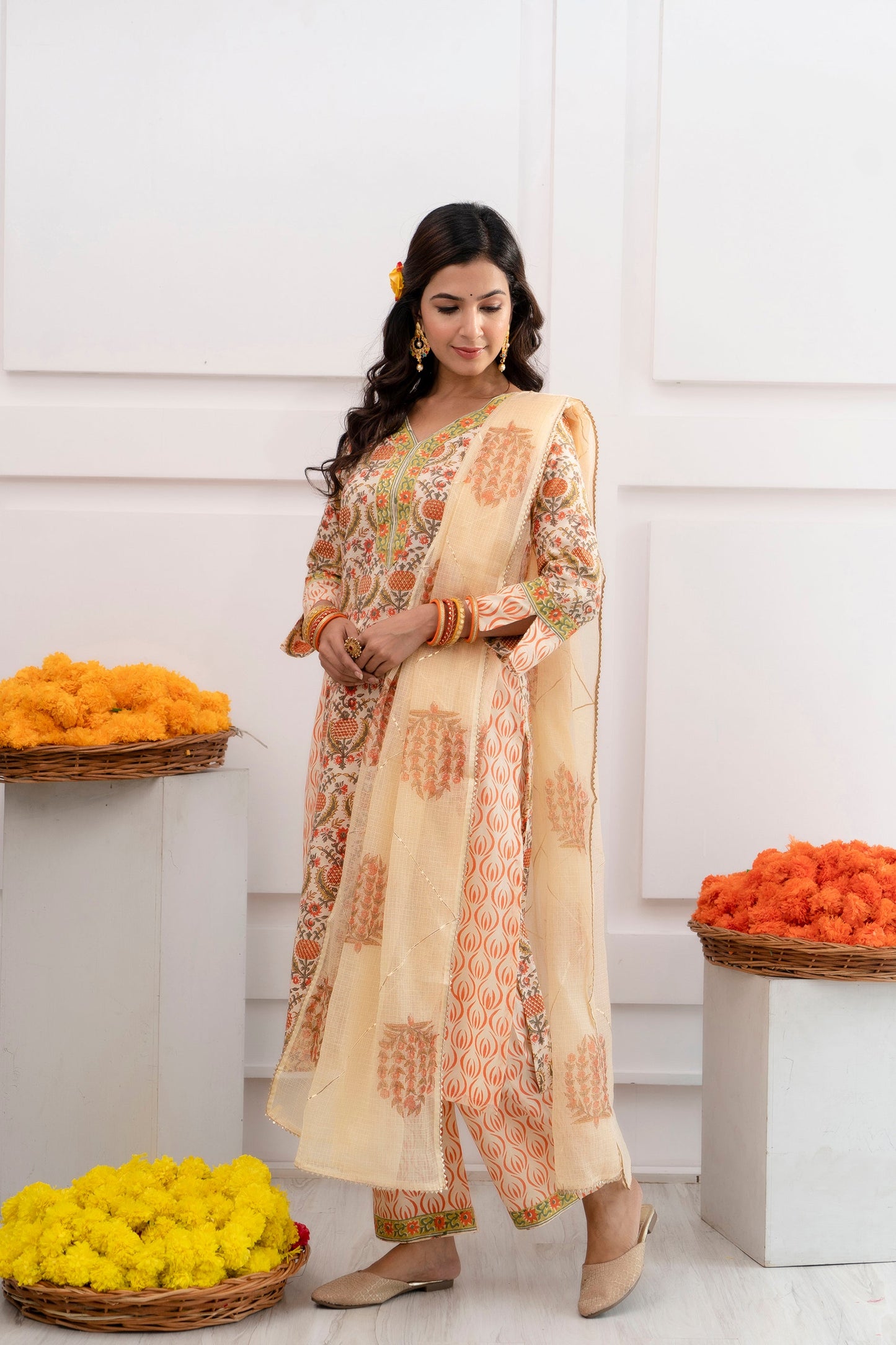 Falguni Cream Kota Doriya Dupatta Dress