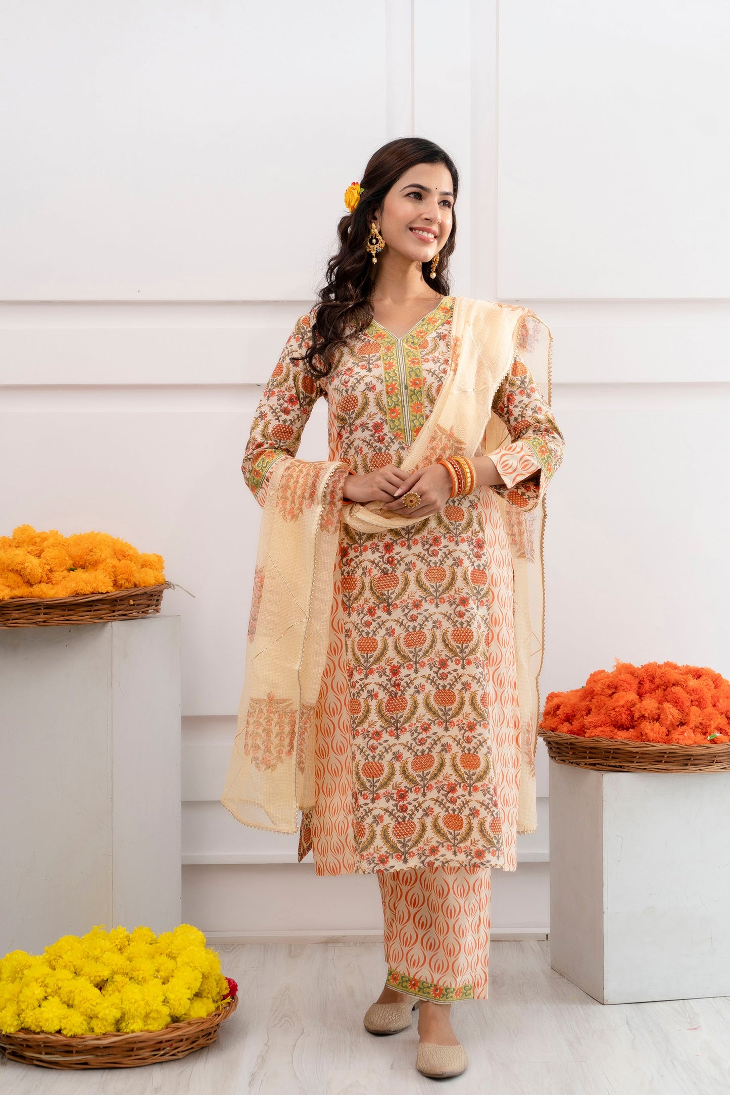 Falguni Cream Kota Doriya Dupatta Dress