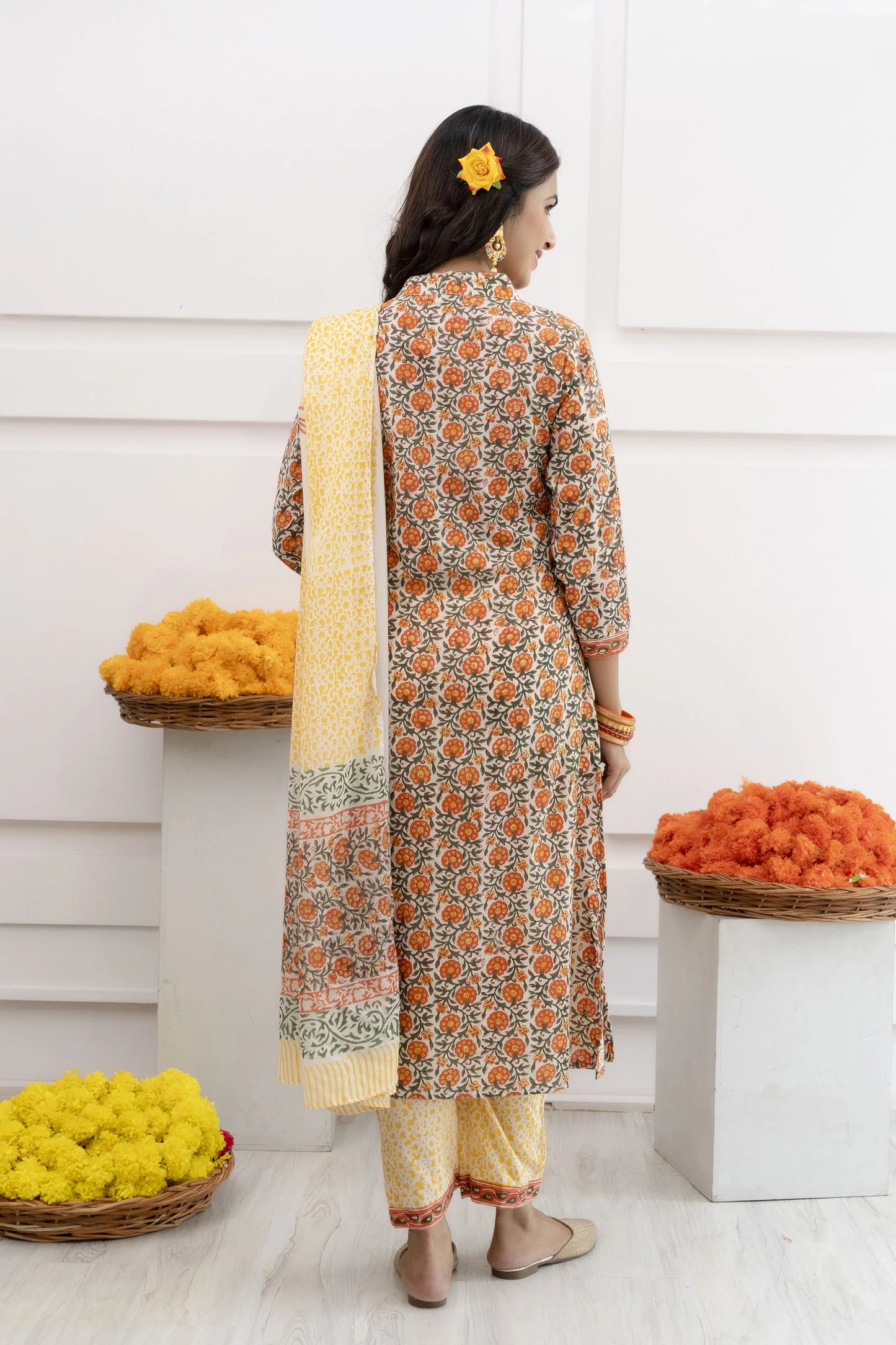 Anika Yellow Cotton Dupatta Dress