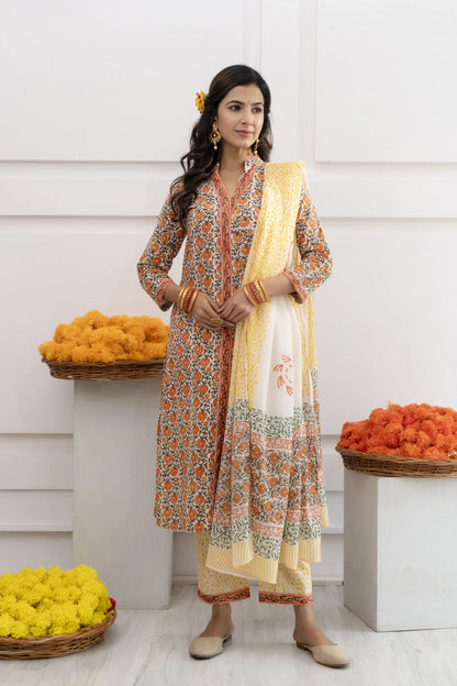 Anika Yellow Cotton Dupatta Dress