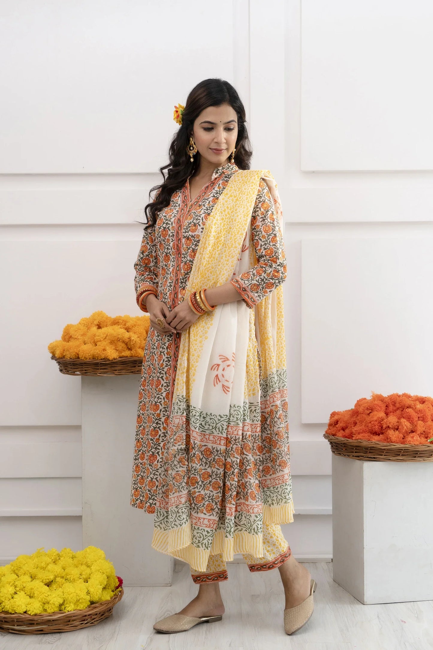 Anika Yellow Cotton Dupatta Dress