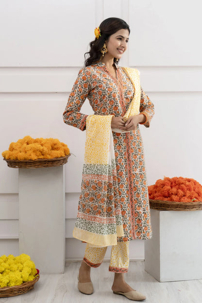 Anika Yellow Cotton Dupatta Dress