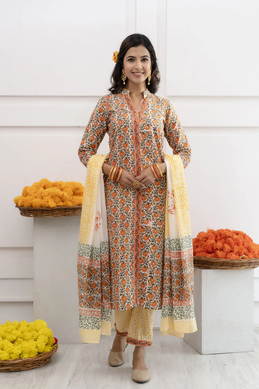 Anika Yellow Cotton Dupatta Dress