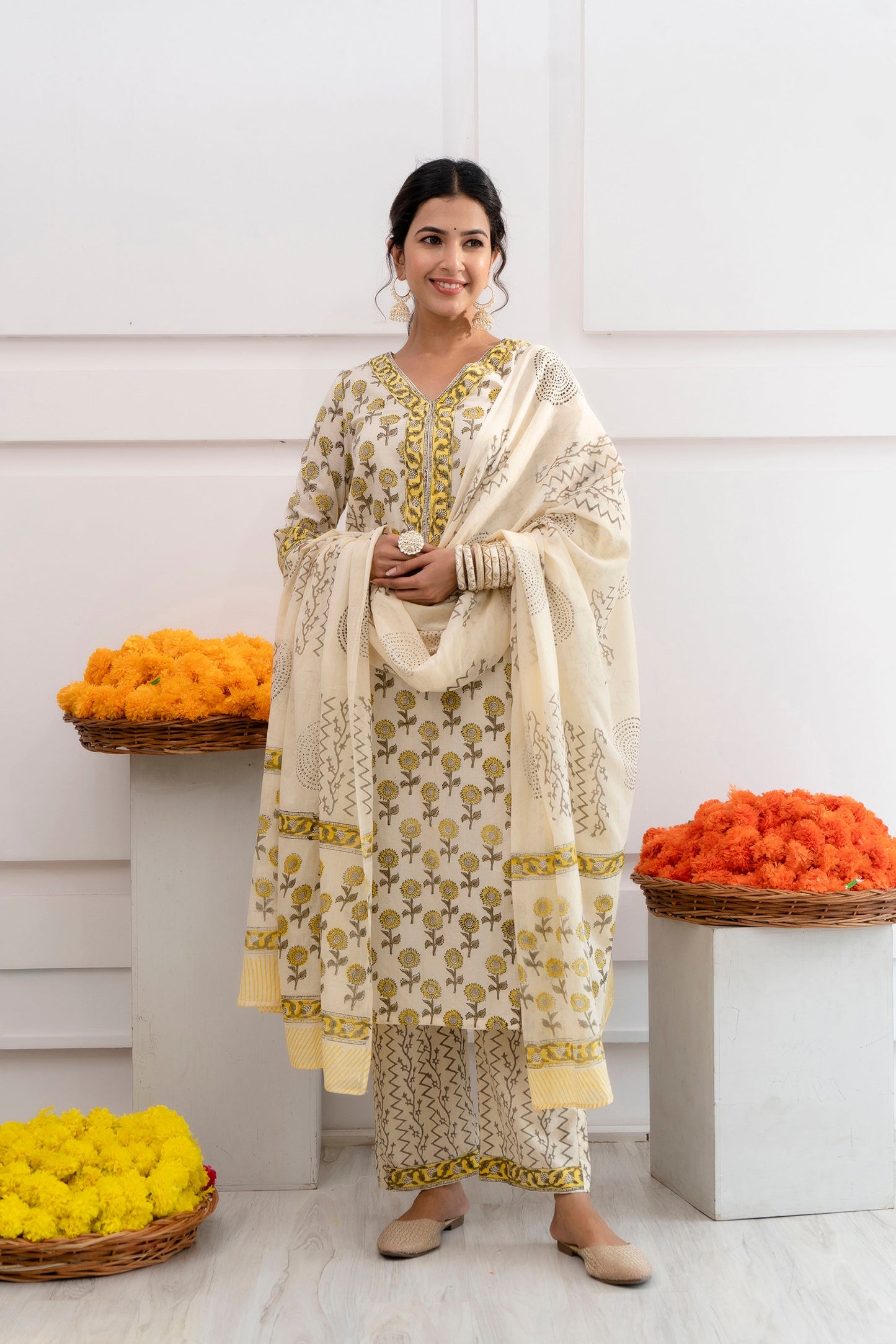 Erheer Cream Cotton Dupatta Dress