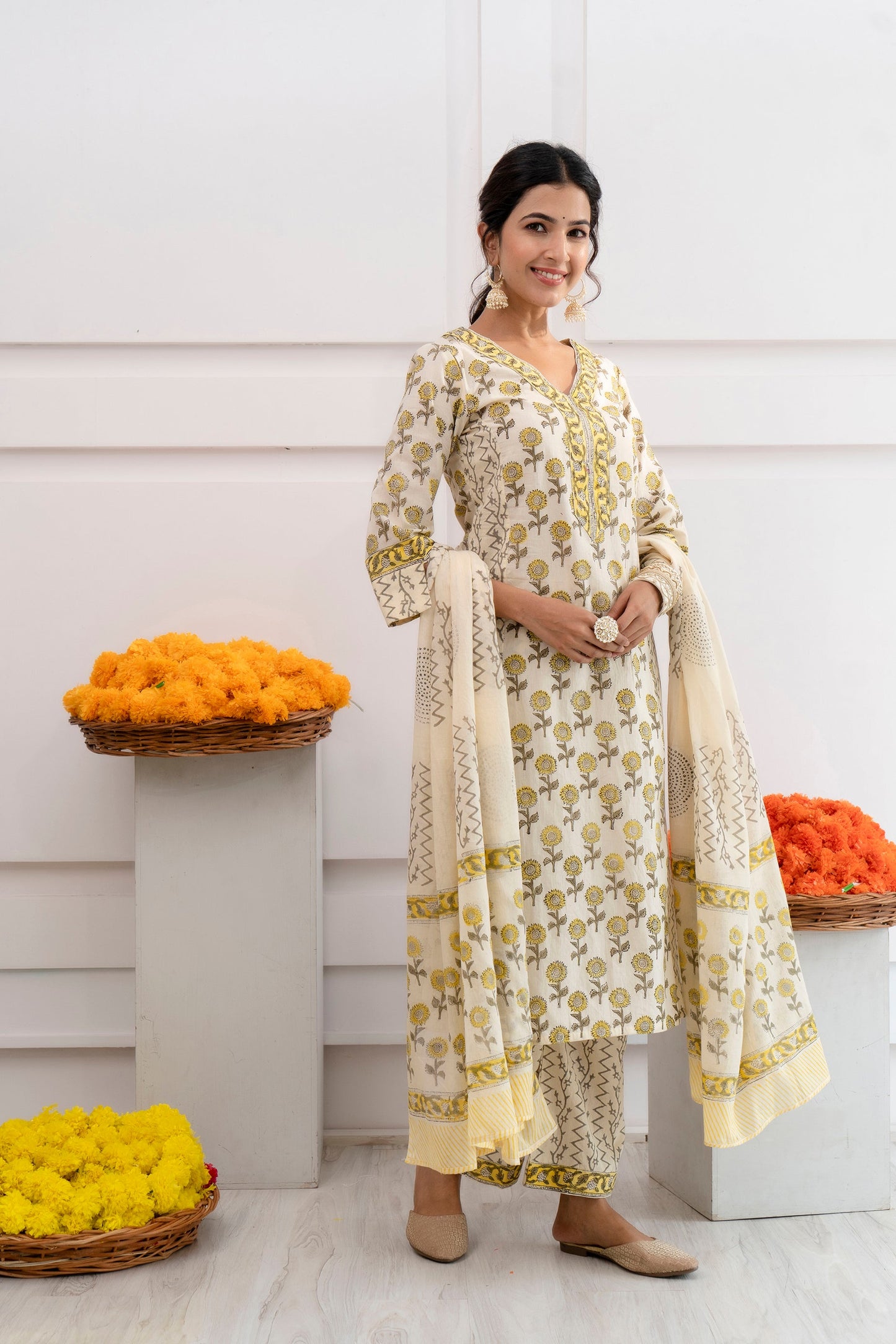 Erheer Cream Cotton Dupatta Dress