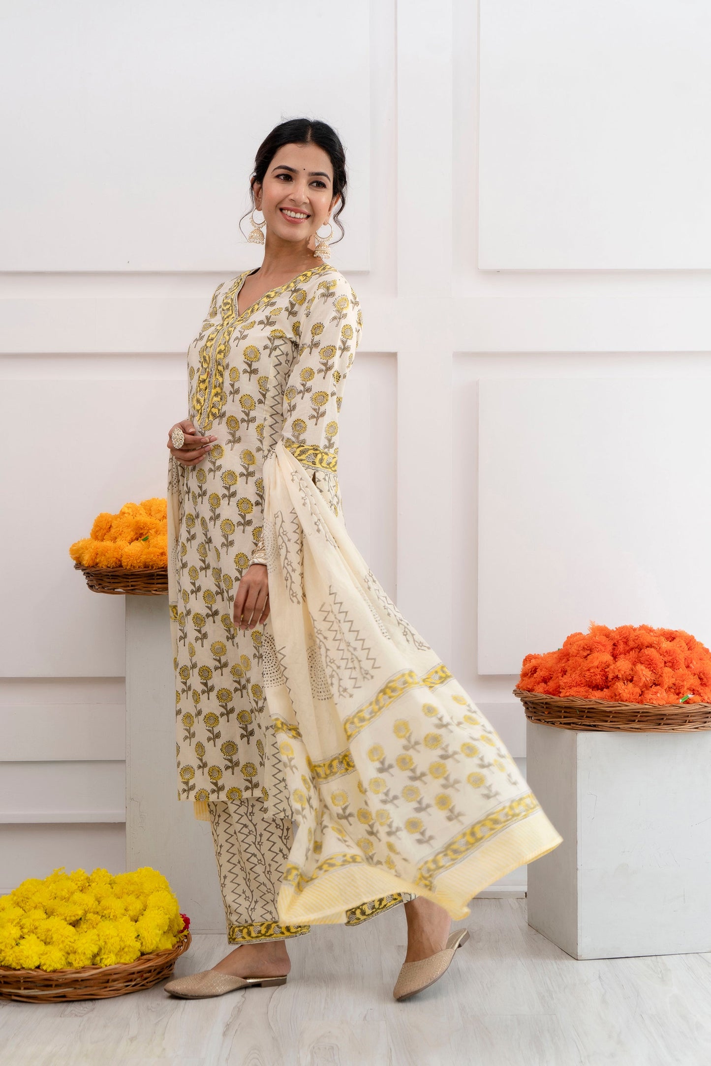 Erheer Cream Cotton Dupatta Dress