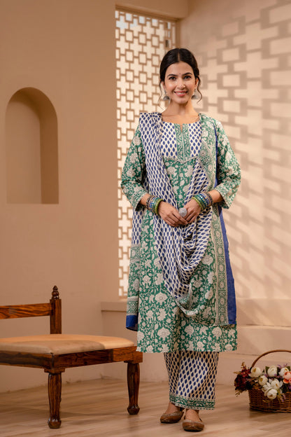 Ersheen Green Cotton Dupatta Dress