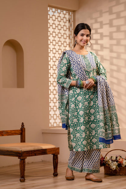 Ersheen Green Cotton Dupatta Dress