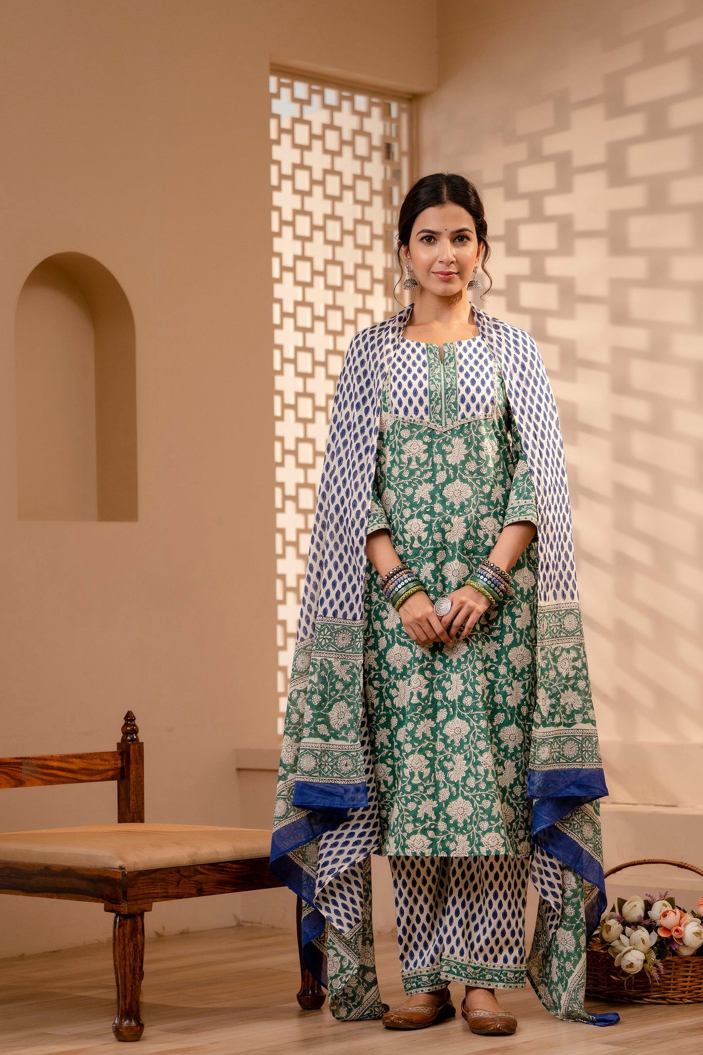 Ersheen Green Cotton Dupatta Dress