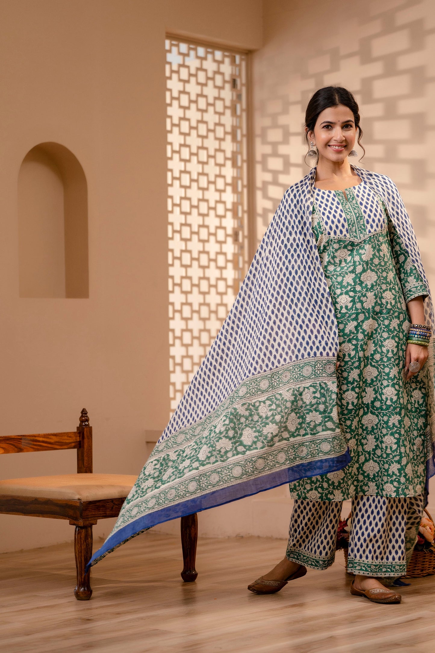 Ersheen Green Cotton Dupatta Dress