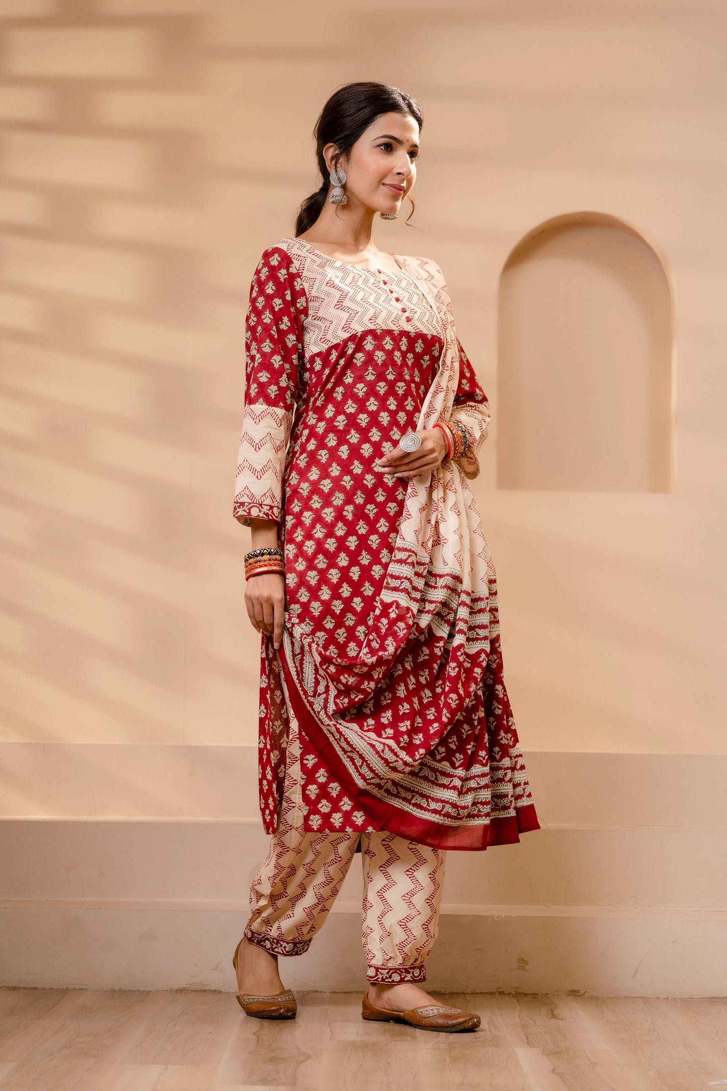 Niyati Red Cotton Dupatta Dress