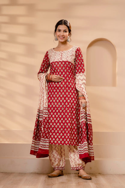 Niyati Red Cotton Dupatta Dress