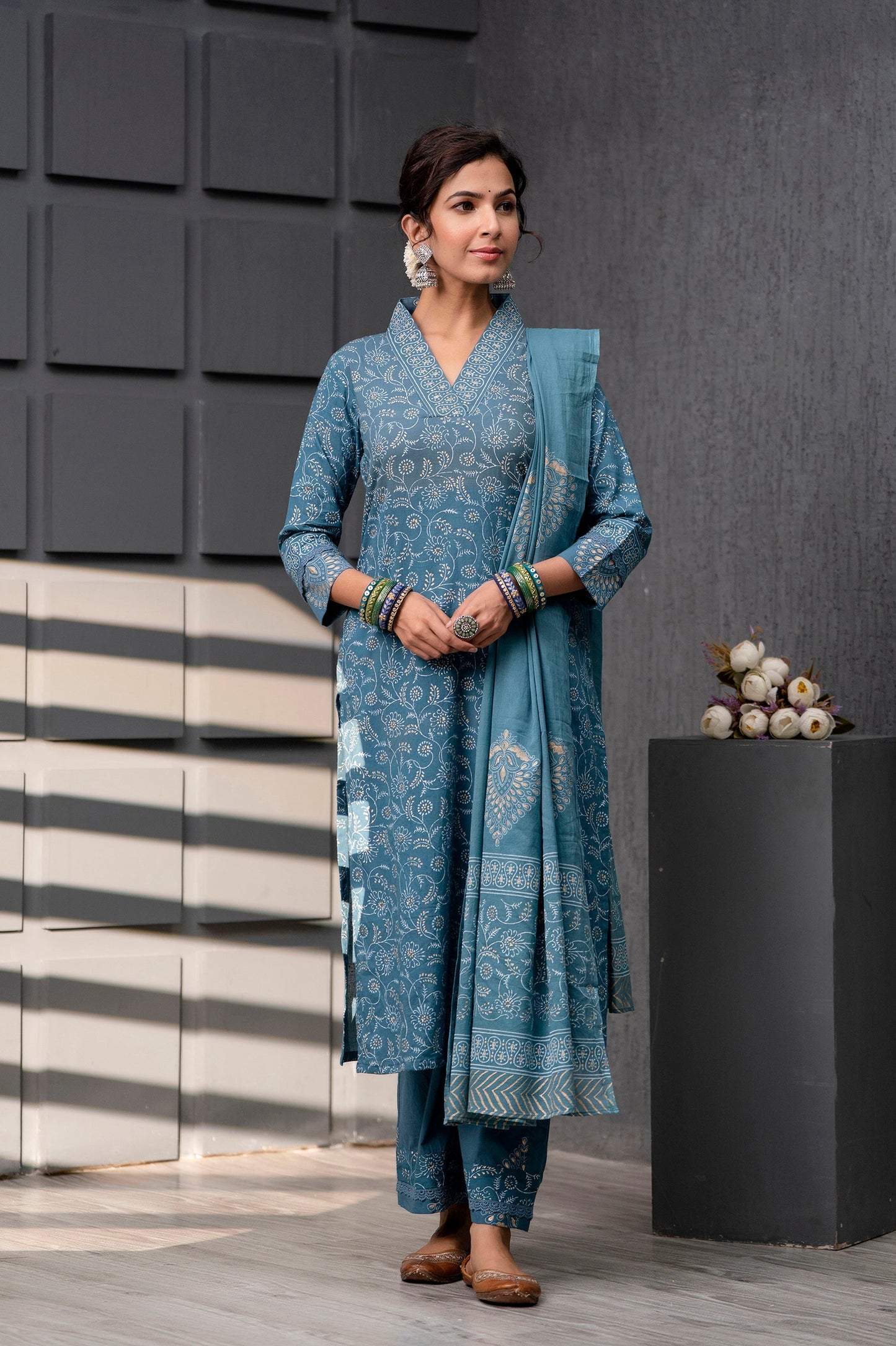 Ruhani Blue Cotton Dupatta Dress